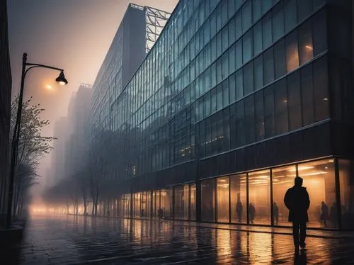 Modern brick tech architectural building, sleek lines, angular edges, glass windows, steel frames, urban cityscape, metropolitan area, evening time, warm streetlights, foggy atmosphere, misty backgrou