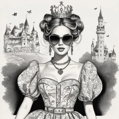 victorian lady,victoriana,fairy tale character,princess sofia,queen of hearts,noblewoman,Illustration,Black and White,Black and White 30