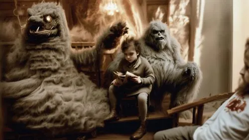 Young man sitting next to a giant hairy baby monster, in the style of contemporary vintage photography, necronomicon illustrations, tabletop photography, 1890, hyperrealistic animal portraits, ghostly