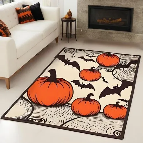 a living room with two couches and a rug with pumpkins on it,halloween border,candy corn pattern,halloween decor,rug,autumn decor,halloween travel trailer