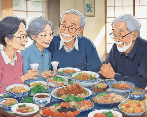 mother and grandparents,studio ghibli,grandparents,okinawan cuisine,korean royal court cuisine,japanese cuisine,yakiniku,izakaya,elderly people,pensioners,pension,japanese food,grandparent,old couple,japanese restaurant,japanese meal,food and cooking,harmonious family,food table,placemat,Illustration,Japanese style,Japanese Style 14