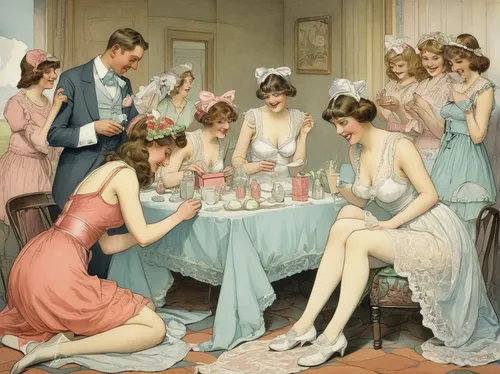 twenties women,tea party,playing cards,dressmaker,1920s,vintage women,dinner party,vintage girls,roaring twenties,drinking party,debutante,emile vernon,bridal shower,vintage illustration,young women,social group,1940 women,parfum,a party,beauty salon,Illustration,Retro,Retro 19