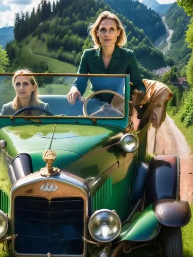 German politician Alice Weidel dominates the action. She drives through a green Swiss forest landscape with her partner in a valuable historic car whose dark green paintwork reflects the bright sunlig