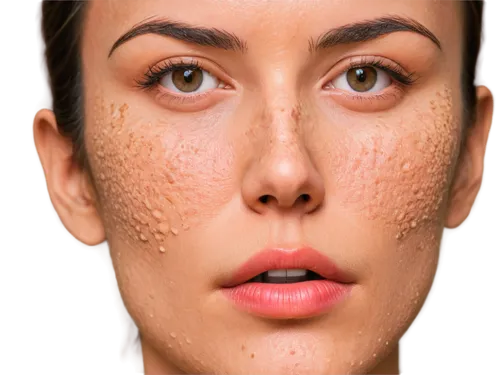 Skin condition, facial close-up, seborrheic keratoses, rough skin texture, flaky skin, redness around eyebrows, nose, mouth, dry lips, cracked skin, oily skin tone, warm lighting, shallow depth of fie