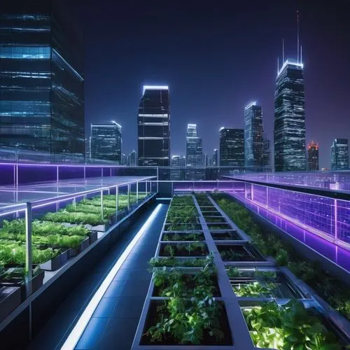 Modern data centre architecture, futuristic building, glass and steel structure, sleek lines, neon lights, cityscape at night, urban landscape, skyscrapers in background, rooftop garden with greenery,