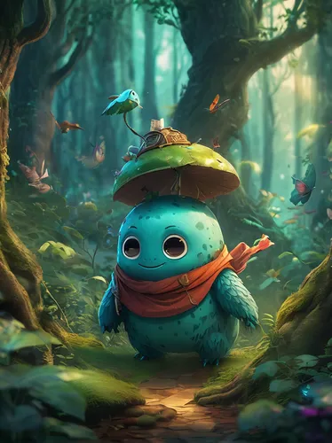 cute cartoon character,stitch,frog background,knuffig,ori-pei,bulbasaur,kawaii frog,frog prince,blue mushroom,running frog,children's background,game illustration,glowworm,cuthulu,frog king,rimy,smurf,cg artwork,cj7,cute cartoon image,Conceptual Art,Fantasy,Fantasy 02