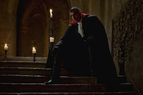 Dominic Purcell, Dracula, male, solo, (40yo), sharp facial features, piercing eyes, pale skin, dark hair, black cape, Victorian-era suit, blood-red vest, white shirt, black trousers, leather boots, fa