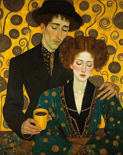 young couple,vintage man and woman,man and wife,vincent van gough,as a couple,woman drinking coffee,olle gill,two people,robert harbeck,art nouveau,couple,man and woman,romantic portrait,cloves schwindl inge,holding cup,café au lait,lovers,boy and girl,black couple,old couple,Art,Artistic Painting,Artistic Painting 32