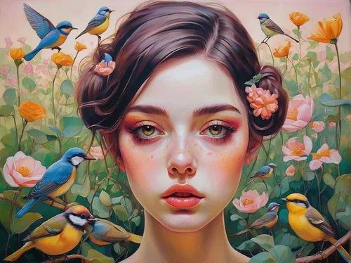 girl in flowers,mina bird,kahila garland-lily,flower and bird illustration,songbirds,blue birds and blossom,cloves schwindl inge,oil painting on canvas,the birds,flock of birds,wild birds,young woman,girl in the garden,little birds,flora,birds,garden birds,floral and bird frame,rosella,spring bird,Conceptual Art,Daily,Daily 15