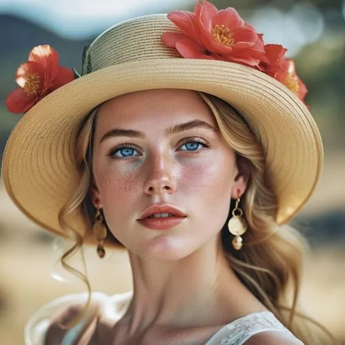 Close-up portrait of a young woman with striking features, displaying a thoughtful or introspective expression. Her face is highlighted by bright blue eyes, red lipstick, and delicate freckles dusting