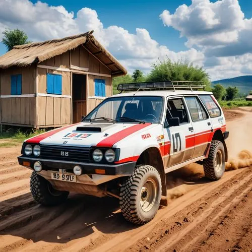 A rally vehicle from the 1990s, with a nice paint job and being on a dirt road with some huts on the sides of the road.,dakar rally,offroad,sainz,off road toy,overland,hilux,aprc,overlander,4 runner,o