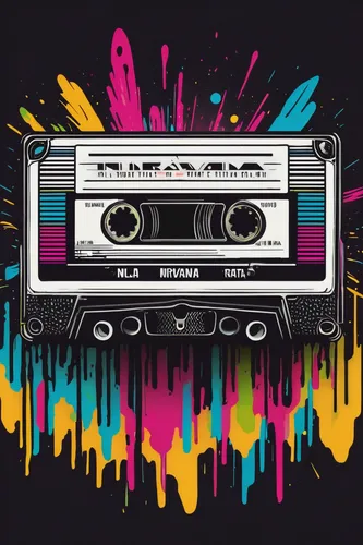 Create a retro-inspired Nirvana band logo with vibrant colors and a cassette tape.,cassette,radio cassette,80s,80's design,microcassette,cassette tape,audio cassette,musicassette,retro music,cassettes