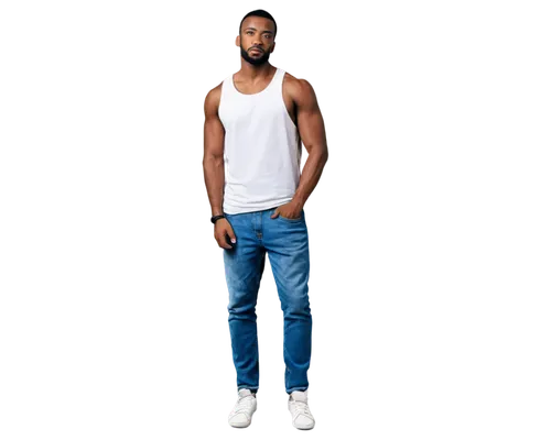 muscular man, black skin, athletic build, short black hair, strong facial features, beard, mustache, casual wear, white tank top, blue denim jeans, sneakers, hands in pocket, leaning against wall, urb