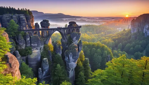 Bastei Bridge at sunrise, Elbsandstein Mountains, Saxony Switzerland National Park, Saxony, Germany,saxon switzerland,bastei,elbe sandstone mountains,gorges of the danube,romania,eastern europe,danube