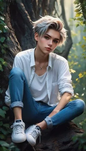 male elf,tiber riven,perched on a log,jeans background,anime boy,zen,ten,tao,portrait background,digital painting,zen master,ren,ken,male model,boy,kai,wood elf,in the forest,vintage boy,2d,Conceptual Art,Fantasy,Fantasy 14