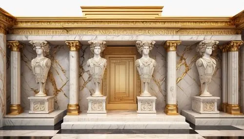 Architectural, ornate title blocks, ancient Greek-inspired, detailed carvings, golden metallic finish, Roman numerals, bold font, 3D effects, luxurious, intricate designs, marble pedestal base, symmet