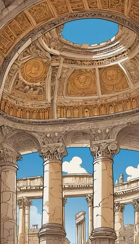 bernini's colonnade,columns,eternal city,crillon,colonnades,neoclassical,pillars,pantheon,vittoriano,rome 2,doric columns,zappeion,rome,ancient rome,cochere,colonnaded,archly,cinquantenaire,janiculum,three pillars,Illustration,American Style,American Style 13