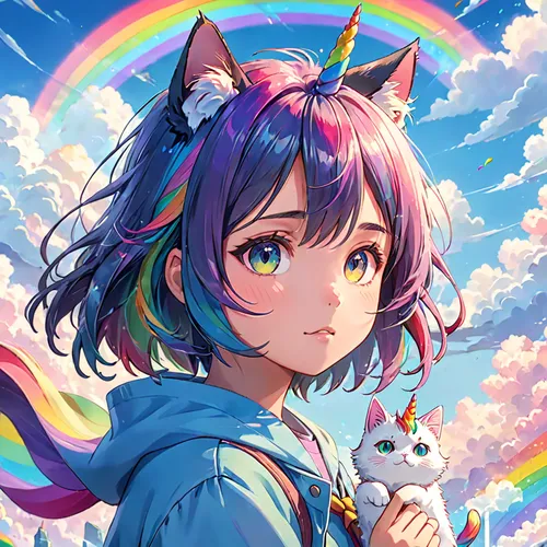 nyan,unicorn and rainbow,rainbow background,rainbow unicorn,unicorn background,rainbow pencil background,rainbow and stars,unicorn,unicorn crown,rainbow clouds,unicorn art,rainbow rabbit,cat child,rainbow colors,rainbow,calico cat,cat kawaii,cat ears,prism,colorful background,Anime,Anime,Realistic