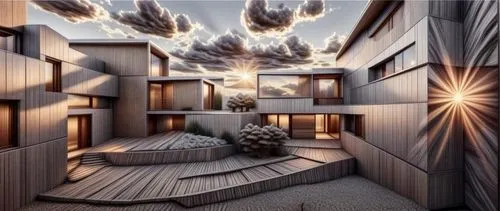 3d rendering,sky space concept,cubic house,fractal lights,inverted cottage,sky apartment,cube stilt houses,wooden sauna,wooden construction,3d render,fractal environment,wooden houses,render,3d fantasy,wooden house,3d rendered,renders,lofts,architettura,virtual landscape