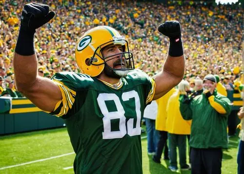 Green Bay Packers fan, male, muscular build, 30s, excited expression, green and gold jerseys, helmet, football, American flag, Lambeau Field, sunny day, cheering crowd, goalpost, scoreboard, lush gree