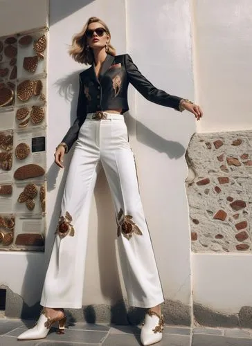 Fashion show ,a woman posing with her legs apart while wearing white pants and a shirt,blige,hadise,loboda,rexha,anastacia,whigfield,Photography,General,Realistic