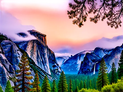 yosemite,yosemite park,landscape background,salt meadow landscape,mountain landscape,yosemite valley,mountain scene,half dome,quartz sandstone peak woodland landscape,nature background,alpine landscape,mountainous landscape,cartoon video game background,fantasy landscape,world digital painting,photo painting,background view nature,nature landscape,mountain range,virtual landscape,Illustration,Japanese style,Japanese Style 01