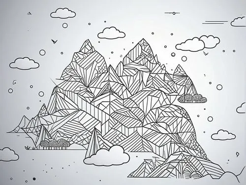 mountain line drawing with white background,triangles background,snow mountain,cloud mountain,snow mountains,mountains,mountain world,Illustration,Black and White,Black and White 04