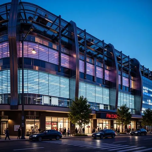 Dynamic football stadium facade, undulating curves, metallic latticework, LED lighting displays, translucent panels, cantilevered roofs, asymmetrical shapes, bold color schemes, sleek lines, modern ar