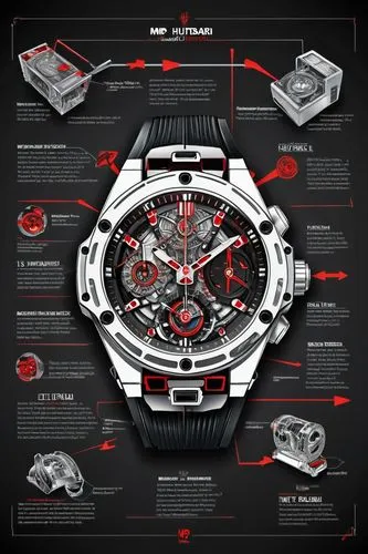 an industrial design sketch of an Hublot MP-05 LaFerrari with all the data related to its construction, very detailed, beautiful, perfect, very modern, strong, powerfull, (Hublot MP-05 LaFerrari), whi