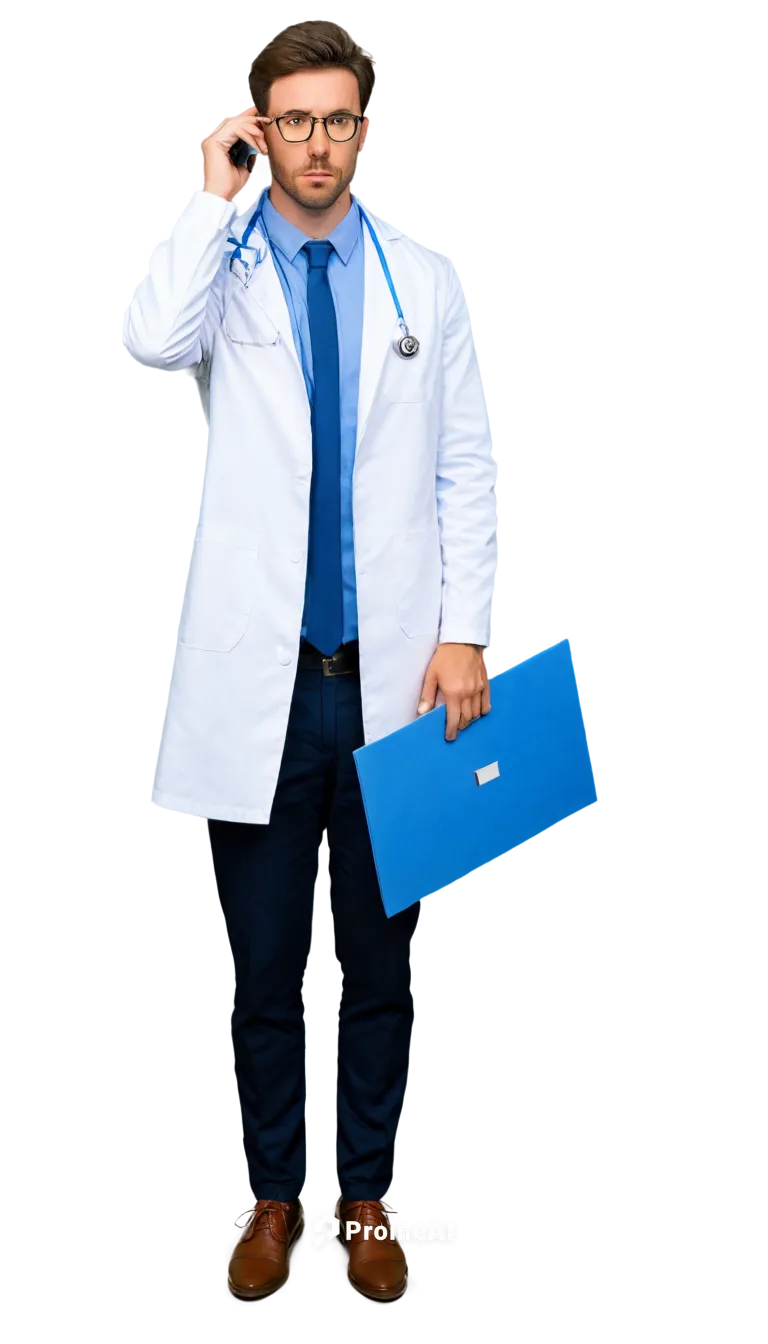 Male doctor, white lab coat, stethoscope around neck, serious expression, glasses, short brown hair, blue shirt, black tie, formal pants, leather shoes, holding medical chart, standing, 3/4 compositio