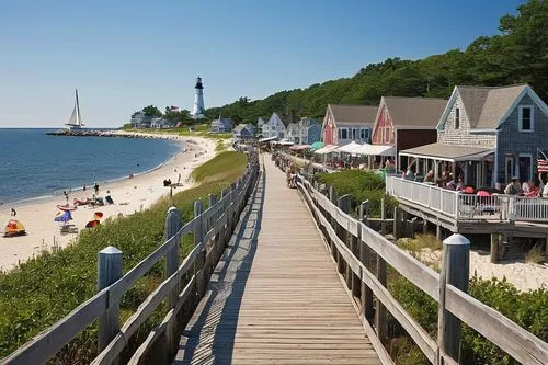 Accessible wooden boardwalk, Massachusetts coastal town, sunny afternoon, gentle sea breeze, American flag waving, weathered wooden planks, sturdy railings, beachside shops, restaurants, and eateries,