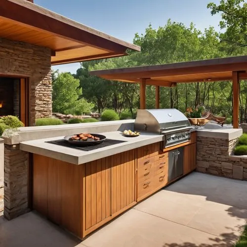 Quiero crear una imagen desde una perspectiva como si estuviera haciendo una asado en una parrilla a carbón un horno de barro, un fogón a gas y un lavaplatos, idealmente construido en hormigón con det