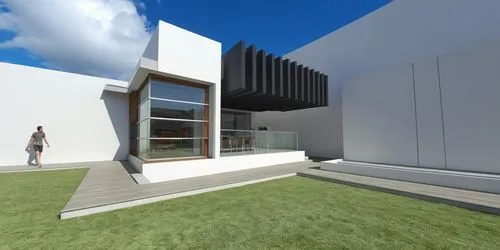 AREA DE CONVIVENCIA, CON PERGOLAS DE CONCRETO, LOSA CON REMATE DE VIGA DE ACERO, ESPEJO DE AGUA ,a person walking in front of an artistic home,modern house,cubic house,sketchup,3d rendering,cube house