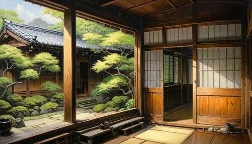 japanese-style room,ryokan,tsukemono,japanese art,japanese architecture,japanese shrine,japanese background,japan landscape,theatrical scenery,hanok,wooden windows,oriental painting,watercolor tea shop,rokuon-ji,bamboo curtain,kyoto,studio ghibli,tea ceremony,wooden roof,wooden house