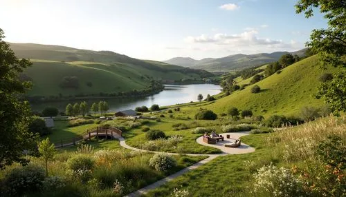 Rolling hills, serene lakeside, lush greenery, vibrant wildflowers, meandering pathways, wooden bridges, natural stone seating, minimalist landscaping, eco-friendly materials, sustainable design, orga