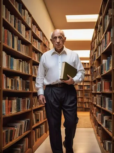 "C++ architecture design book, technical author, mature man, bespectacled, short hair, white shirt, formal trousers, leather shoes, holding book, standing, modern library, rows of shelves, study table