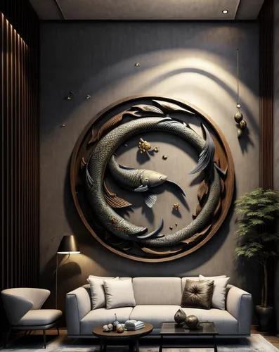 aquarium decor,wall decoration,feng shui,modern decor,dragon design,decorative art,3d rendering,interior decoration,japanese garden ornament,wall decor,wall clock,3d render,interior design,japanese zen garden,deco,decorative,apartment lounge,chinese art,koi pond,contemporary decor