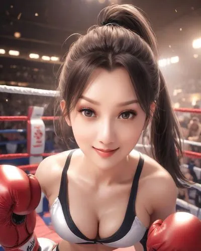 In this image, A 20 years old Beautifiul gril with double ponytail hair, clad in full action, double size boxing gloves. Beautiful, big boobs, big cleavage, beautiful eyes ,The sexy girl's dress is wh