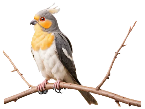 Cockatiel bird, white feathers, gray crest, orange circle around eyes, small beak, perched on branch, spread wings, morning sunlight, soft focus, warm color tone, cinematic lighting, shallow depth of 