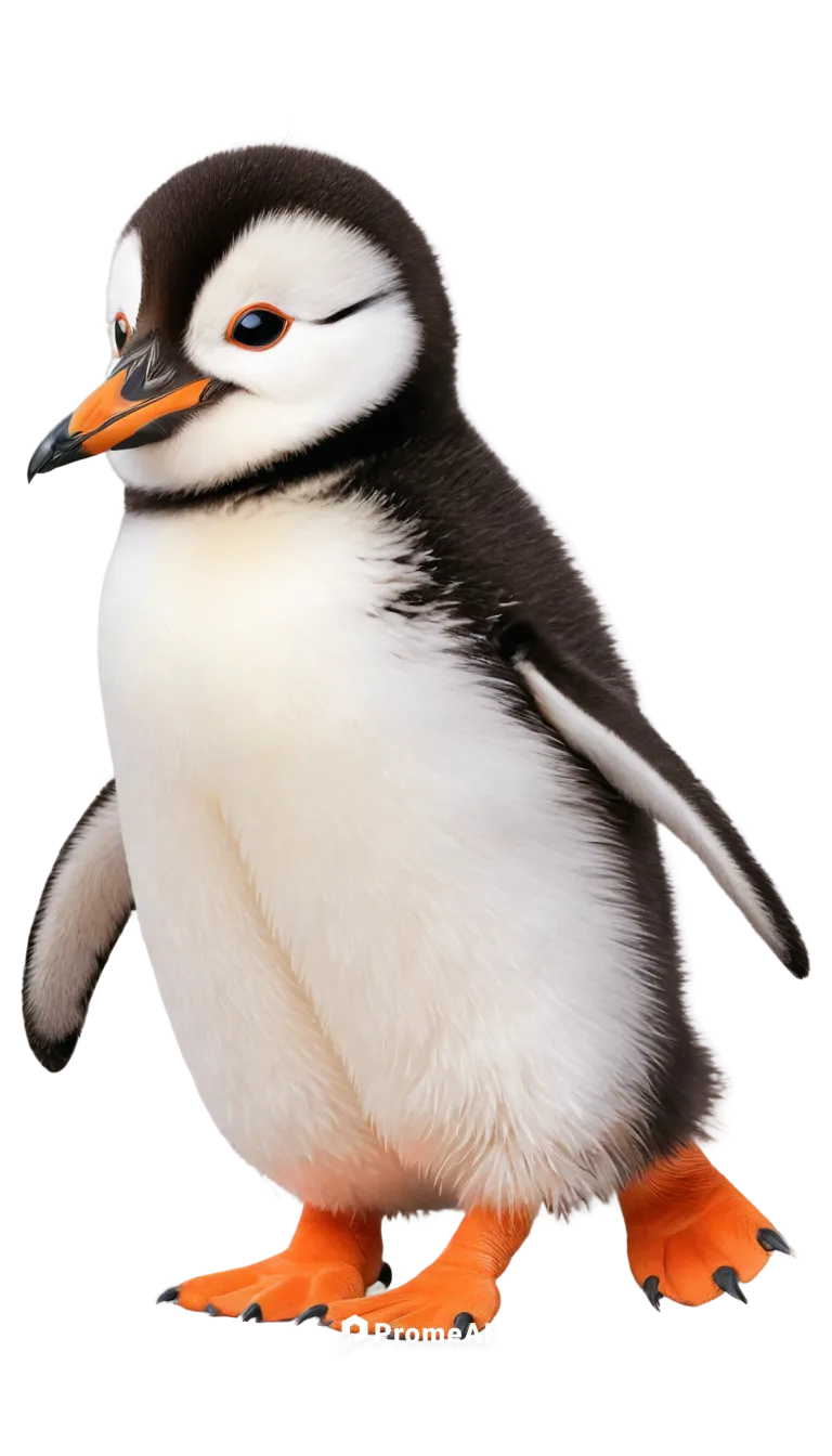 Adorable penguin, solo, (2-3yo), fluffy feathers, orange beak, black eyes, little wings, waddling, cute expressions, white belly, black back, icebergs, snowy background, softbox lighting, close-up sho