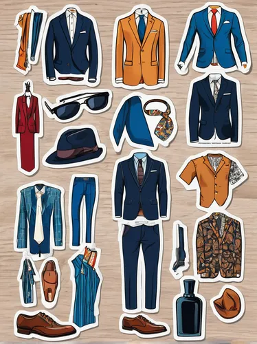 men clothes,men's suit,gentleman icons,suit of spades,collection of ties,nautical clip art,retro paper doll,men's wear,suit trousers,wedding suit,suits,man's fashion,wardrobe,fashion vector,color combinations,flat lay,catalog,clothes,memphis pattern,costume design,Unique,Design,Sticker