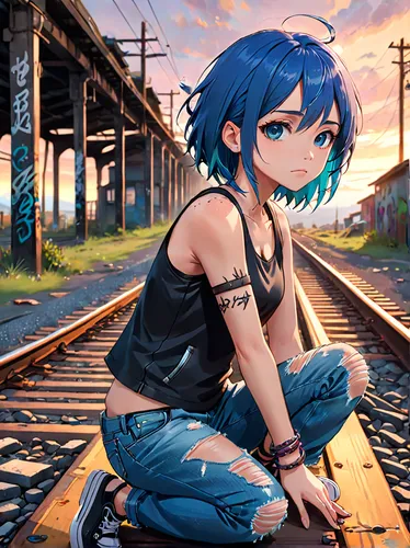 2d,railroad track,railroad,railroad crossing,rail road,tracks,railroad tracks,railway track,railtrack,rail track,red and blue heart on railway,railway tracks,track,blue rose near rail,sonoda love live,the girl at the station,railroad line,railway crossing,railway,train,Anime,Anime,Realistic