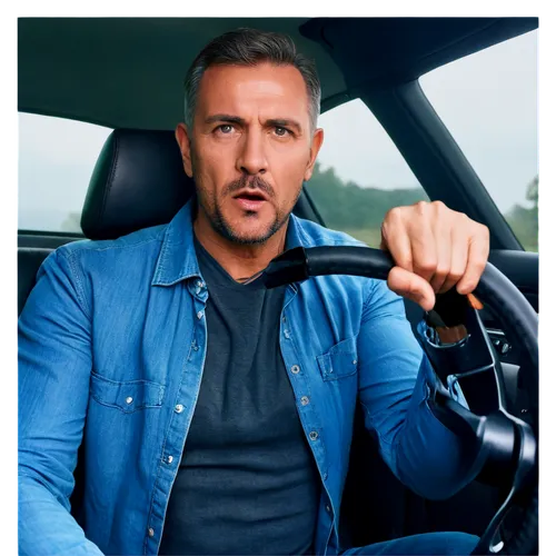 Male driver, middle-aged, short hair, casual clothes, sports car, leather seat, steering wheel, hands on wheel, serious facial expression, intense gaze, low-angle shot, dynamic composition, high-contr