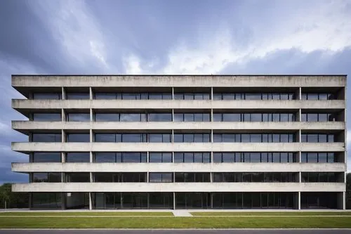 Bauhaus building, Germany, modernist architecture, clean lines, rectangular forms, functional simplicity, industrial materials, steel frames, large windows, minimalist facade, brutalist concrete, geom