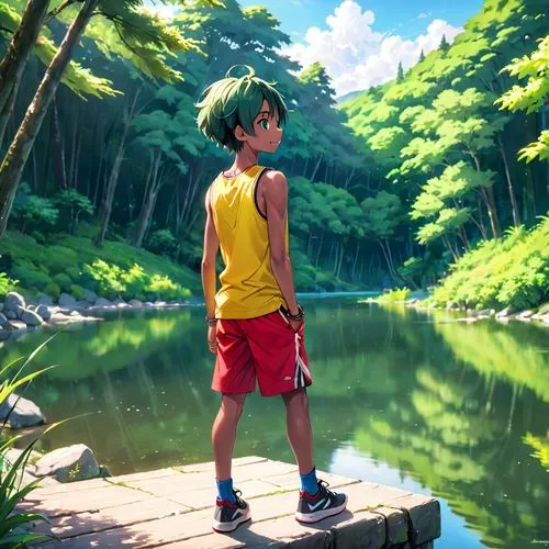 studio ghibli,2d,world digital painting,summer day,summer background,killua hunter x,green summer,killua,digital painting,wander,forest walk,idyllic,child in park,tropical greens,in the forest,lagoon,landscape background,walk,forest,anime japanese clothing,Anime,Anime,General