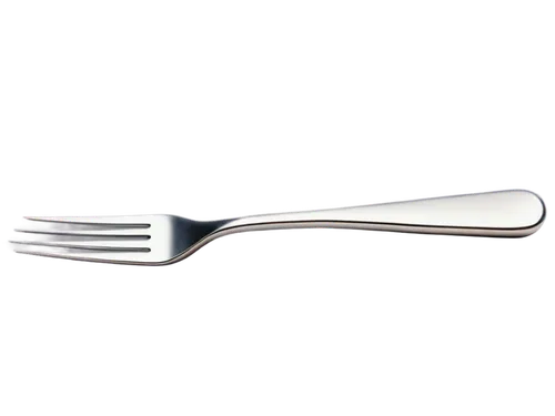 Fork, metallic material, silver color, reflective surface, three prongs, curved handle, detailed texture, shallow depth of field, close-up shot, soft lighting, 3/4 composition, isolated object on tran