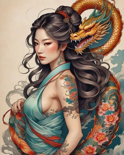 oriental princess,moondragon,oriental painting,oriental girl,golden dragon,oriental,Illustration,Paper based,Paper Based 01