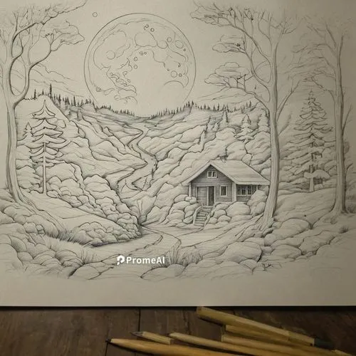 snow drawing,house in the forest,winter house,lonely house,witch's house,house in mountains