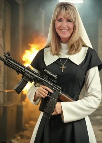 full body view of a horror nun with a very angry expression on her face, high heels and a machine gun in her hand . realistic photo view, 8k, ,evangelical,kathyrn,palin,christianize,evangelicals,vorba