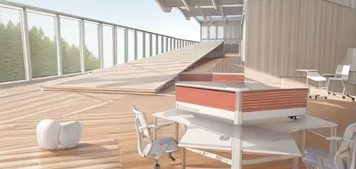 3d rendering, ramp with fence, study table, out of window with trees, ,roof terrace,moveable bridge,3d rendering,wood deck,decking,block balcony,sky apartment,school design,terrace,archidaily,roof gar